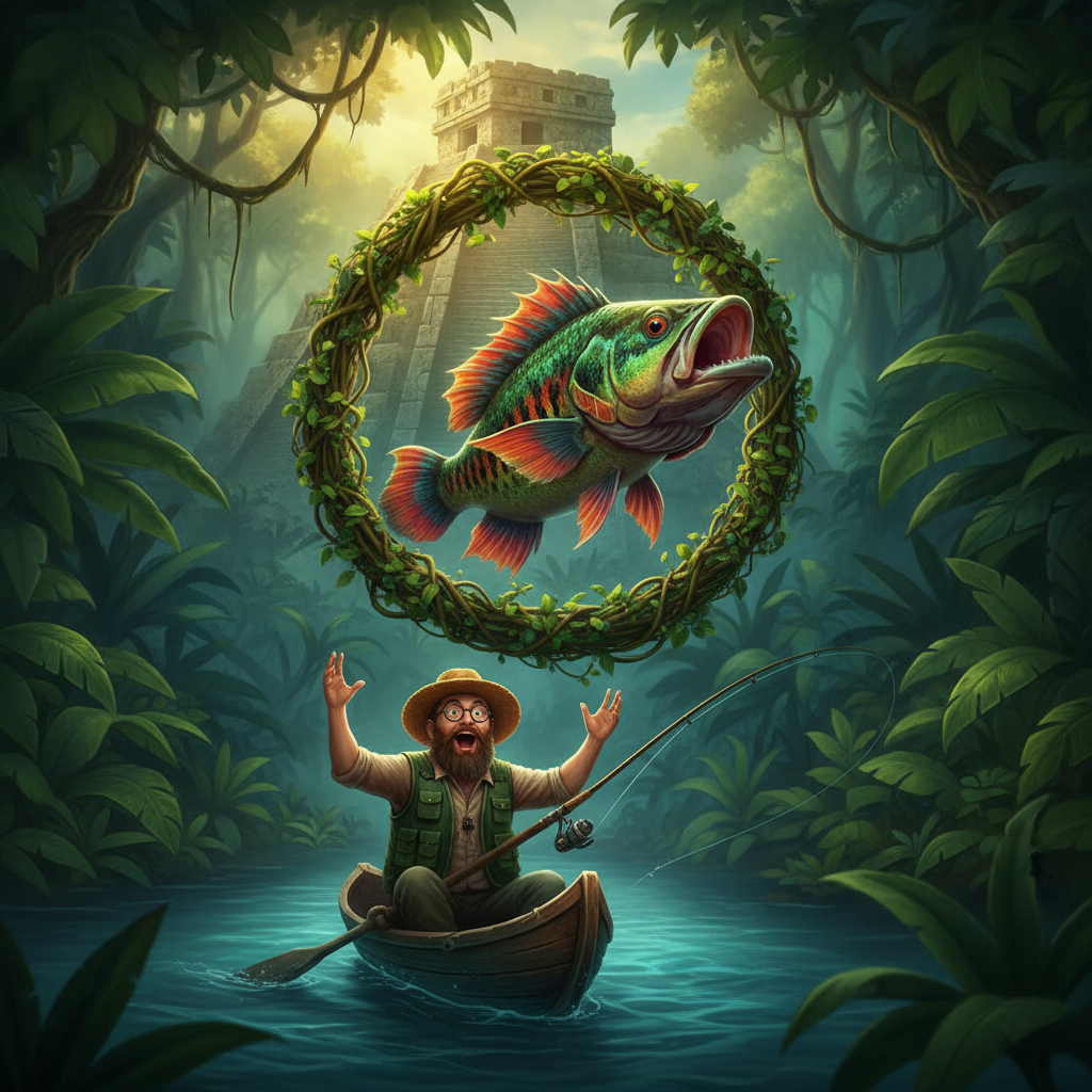 Big Bass Amazon Xtreme slot game featuring a bearded fisherman in a canoe on the Amazon river, surrounded by lush jungle foliage with a giant red and green peacock bass bursting through vines and ancient temple ruins in the background