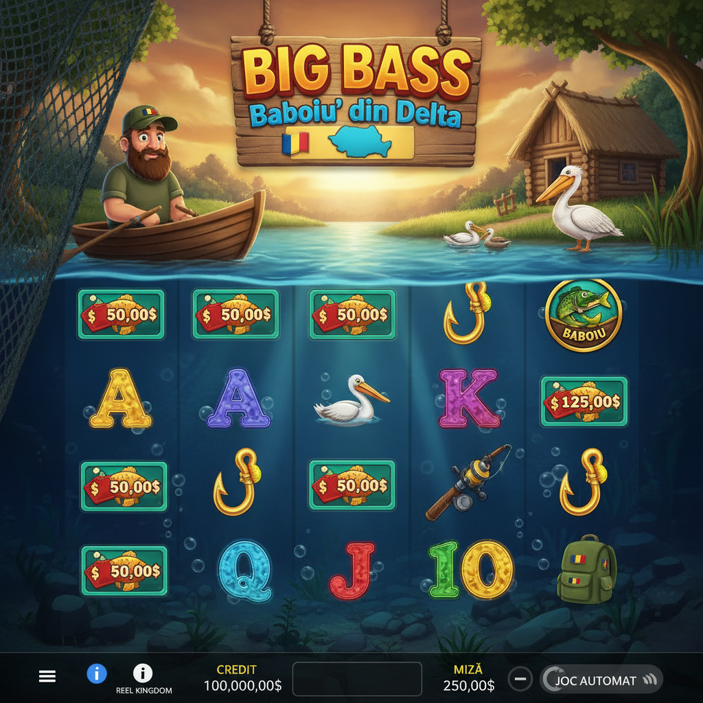 Big Bass Baboiu' din Delta slot game showing Romanian fisherman with net, Danube Delta scenery, pelican, fishing reels with money fish symbols and golden hook symbols on underwater blue background