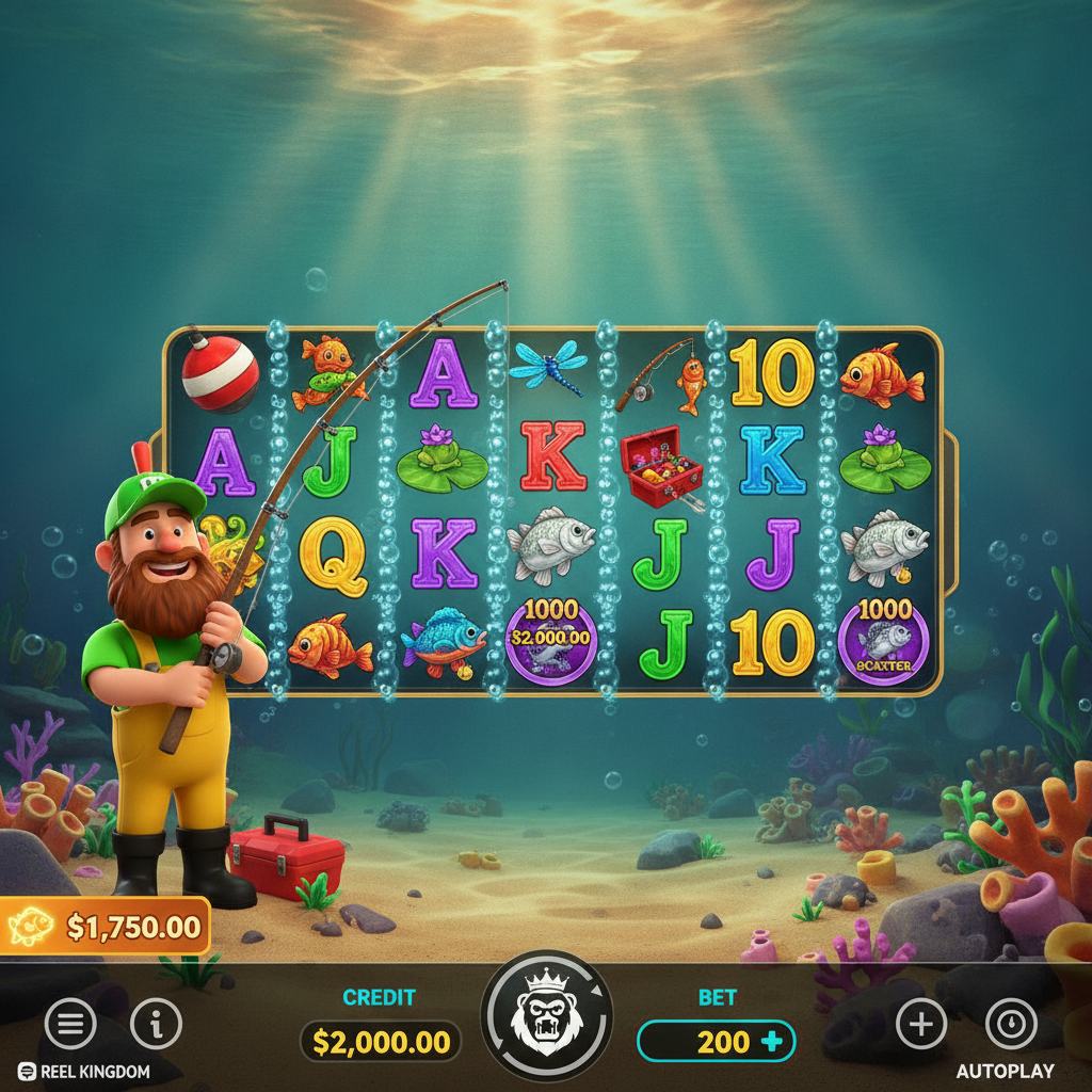 Big Bass Bonanza 1000 slot machine featuring cheerful fisherman with yellow overalls holding fishing rod, colorful bass fish with money symbols, underwater scene with turquoise water and sunset sky