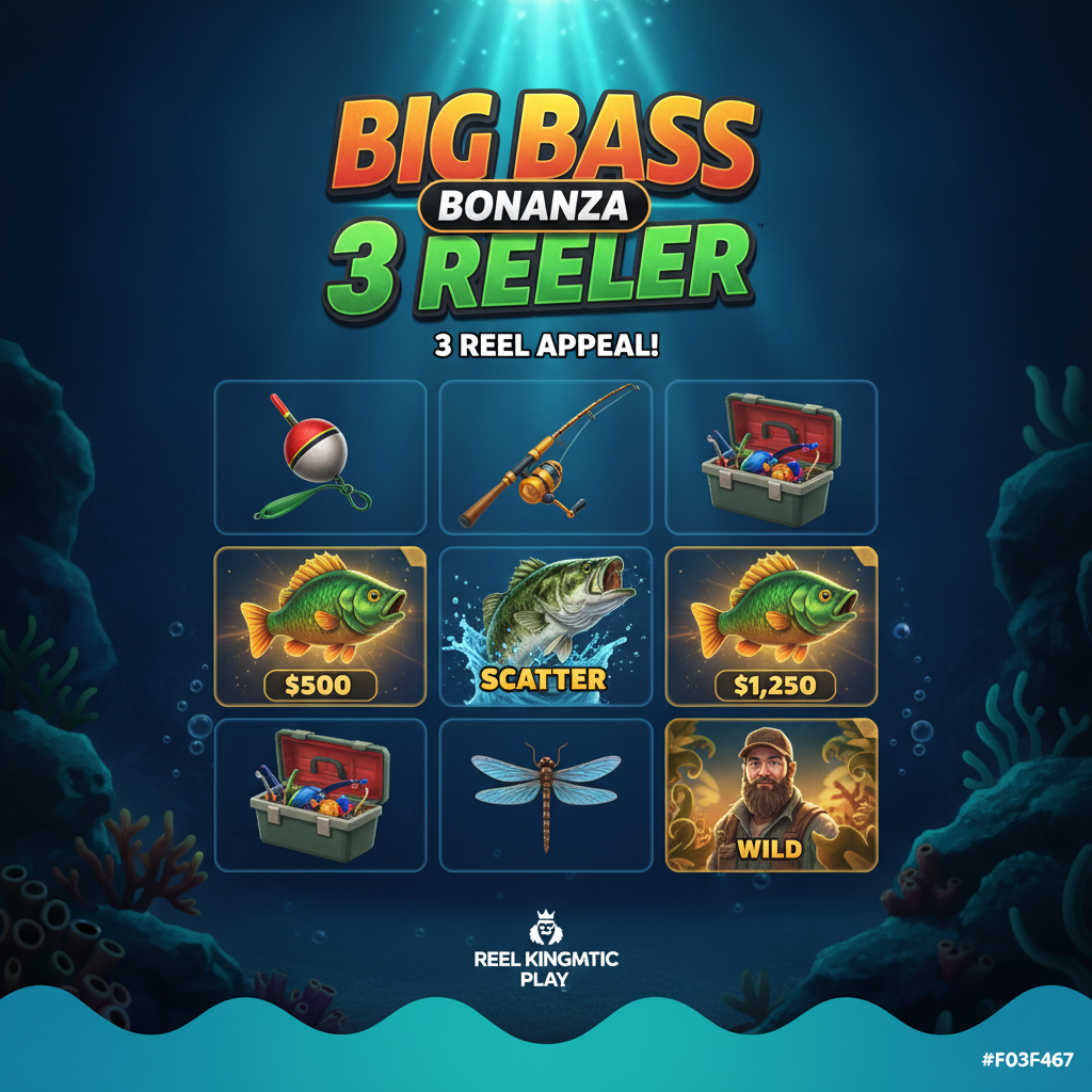 Big Bass Bonanza 3 Reeler slot game showing underwater ocean scene with jumping bass fish, fishing equipment including rod and tackle box, colorful Money Fish symbols with dollar values, and Wild fisherman symbol on 3x3 reel grid