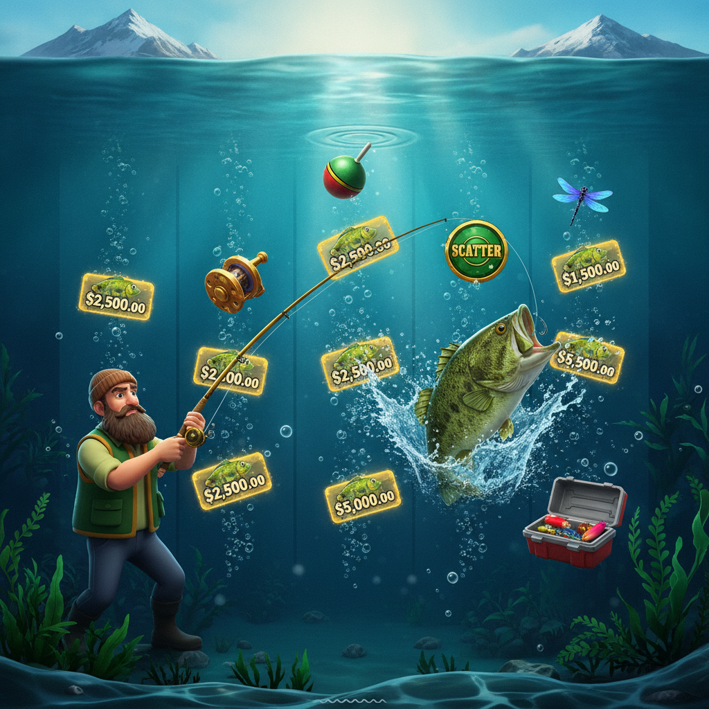 Big Bass Bonanza slot game showing fisherman wild symbol and bass fish leaping from water with golden money symbols and free spins feature