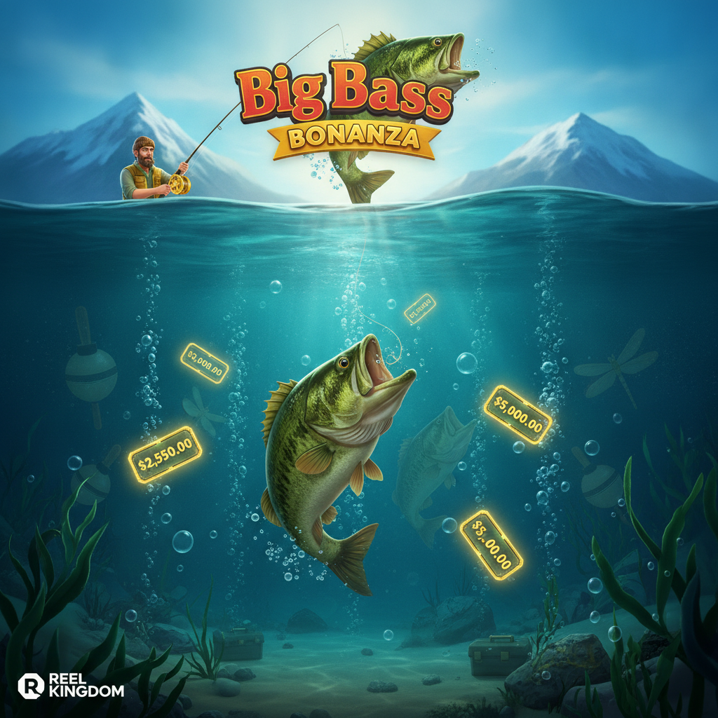 Big Bass Bonanza slot game featuring fisherman with golden fishing reel catching a giant largemouth bass in an underwater scene with money symbols and free spins