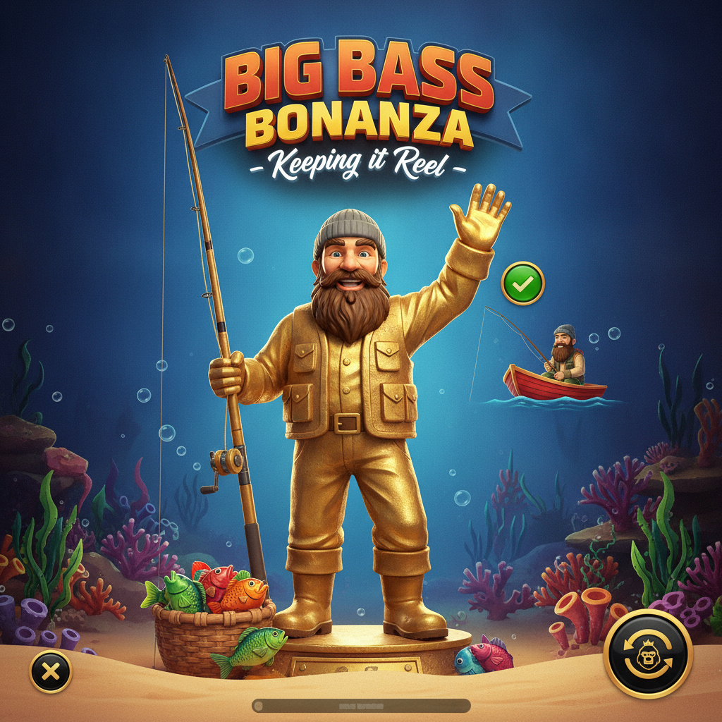 Big Bass Bonanza Keeping it Reel slot game showing bearded fisherman character with fishing rod against underwater blue background with golden symbols, coral reefs, and 5x3 reel grid featuring fish money symbols and scatter medallions