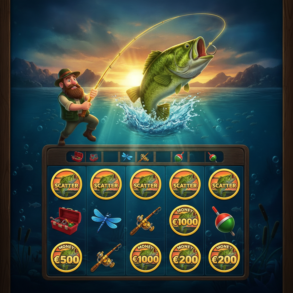 Big Bass Bonanza Megaways slot game featuring cartoon fisherman with golden rod catching a leaping green bass fish, underwater reel grid with scatter symbols, fishing tackle box, dragonfly, bobber, and money fish symbols with euro values
