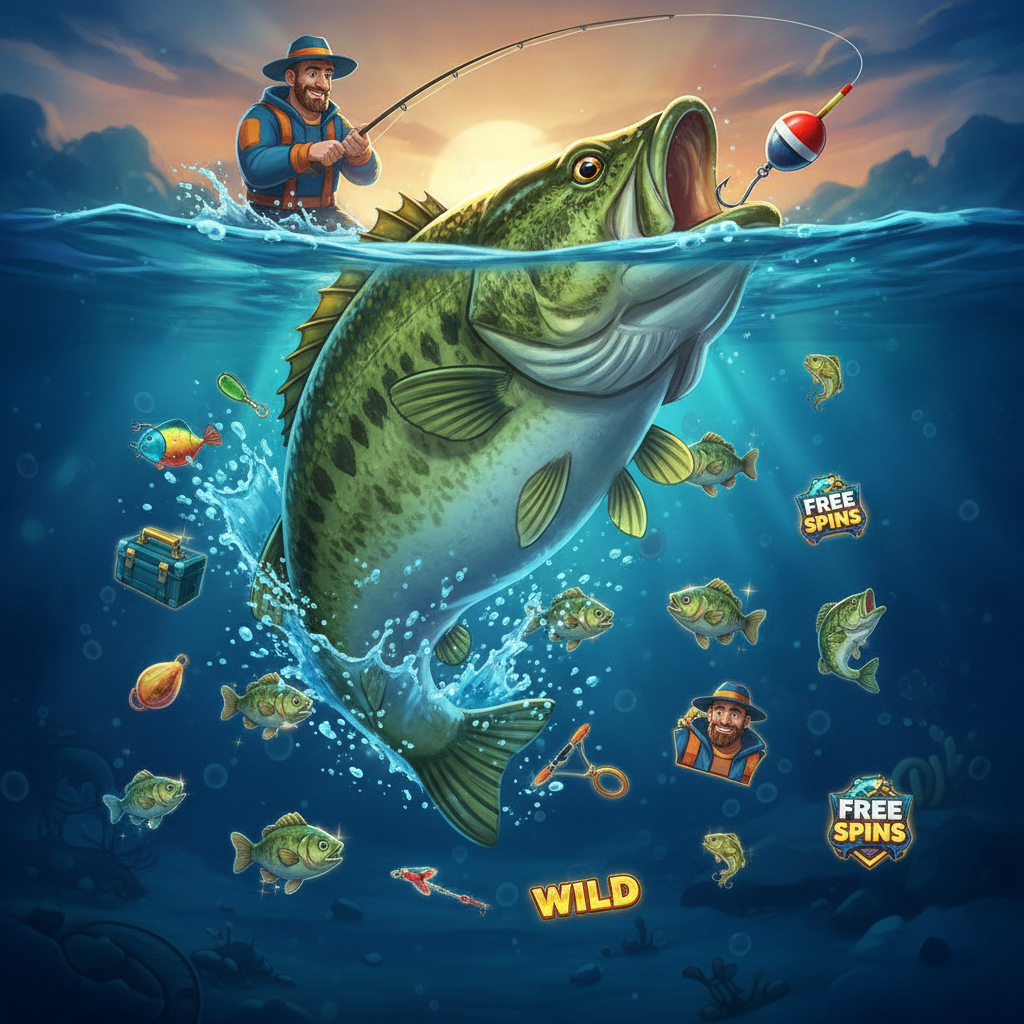 Big Bass Bonanza Reel Action slot game featuring a largemouth bass leaping from water, fishing bobber floating on ripples, underwater blue scene with fisherman character and golden scatter symbols, high volatility fishing-themed video slot by Pragmatic Play