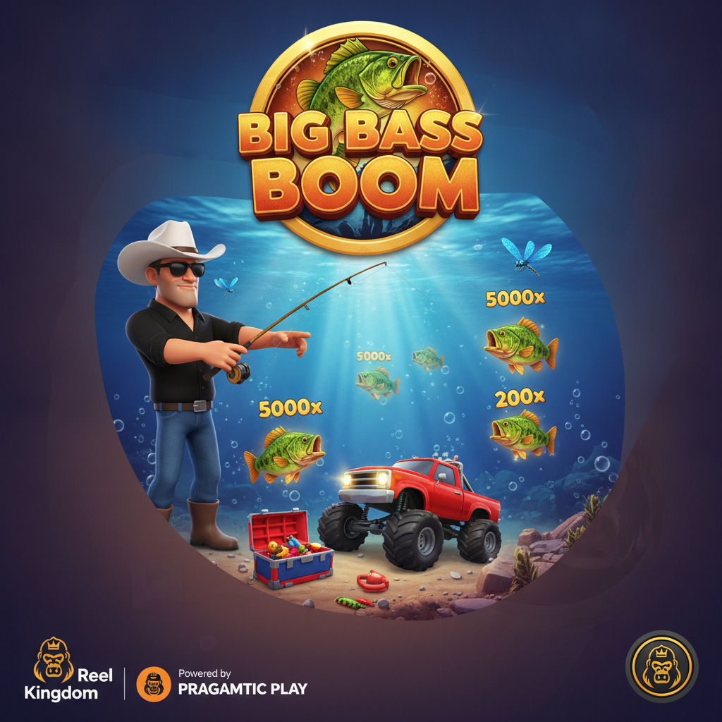 Big Bass Boom slot game featuring rugged fisherman character with white cowboy hat and sunglasses, colorful bass fish with money values, underwater blue background with golden highlights, monster truck symbol, and fishing tackle