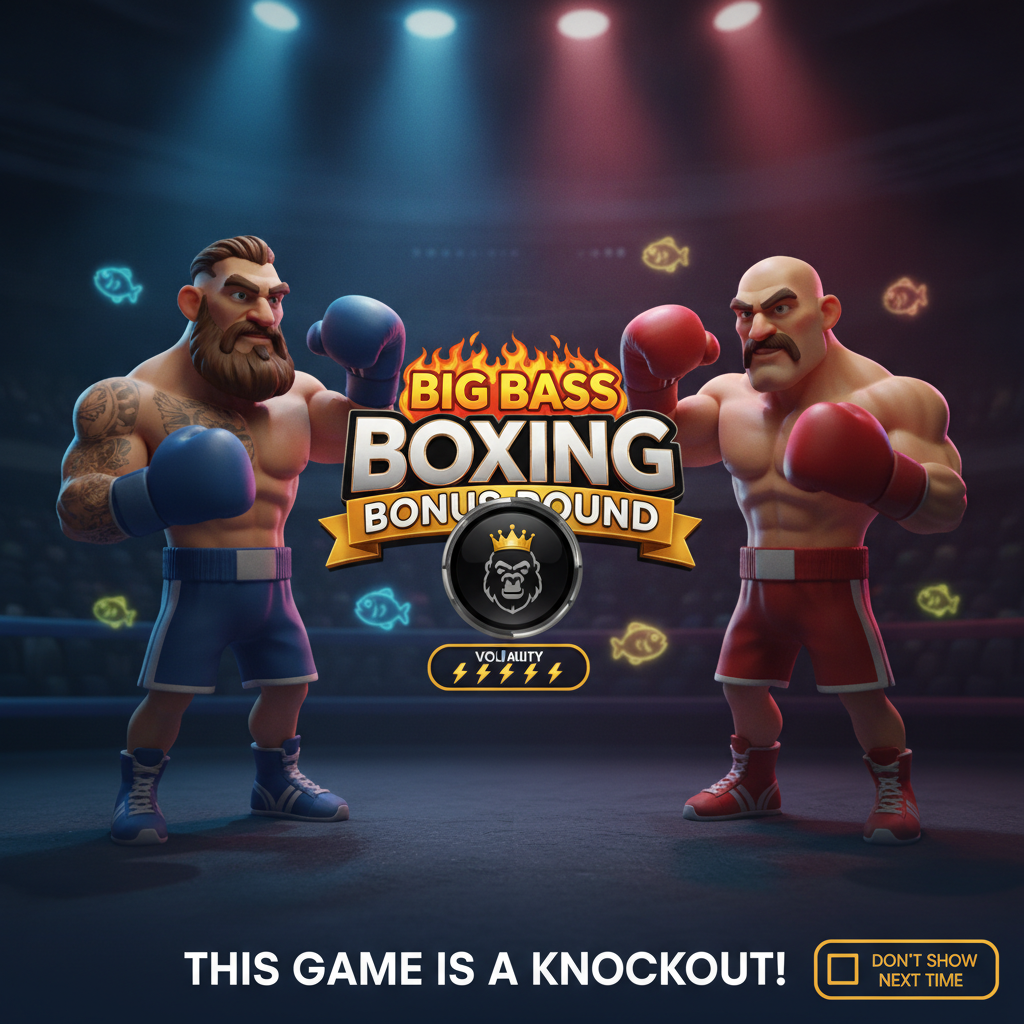 Big Bass Boxing Bonus Round slot game featuring two cartoon boxers - one in blue gloves with beard and one bald in red gloves - standing in illuminated boxing arena with neon spotlights and fish symbols