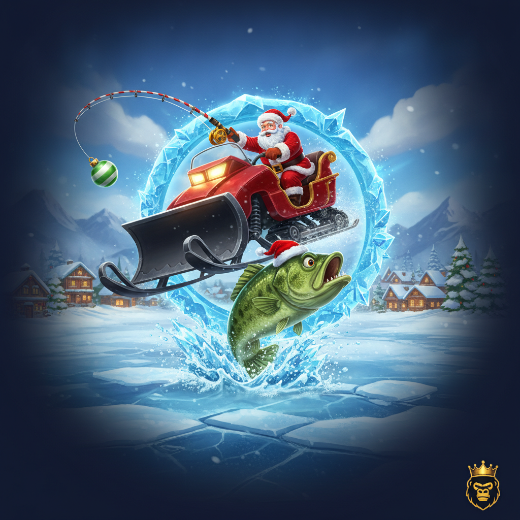 Big Bass Christmas Bash slot game featuring Santa in a red snowmobile sleigh with bass fish wearing a Santa hat, candy cane fishing rod, and frozen winter lake scene with Christmas decorations