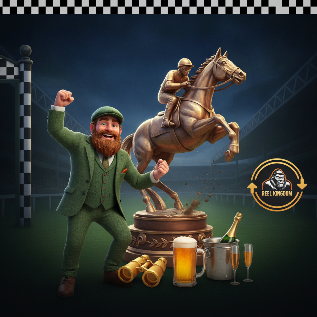 Big Bass Day at the Races slot game featuring the bearded fisherman character at a horse racing track with golden trophy horse statue, racetrack grandstand, and racing theme symbols including binoculars and champagne