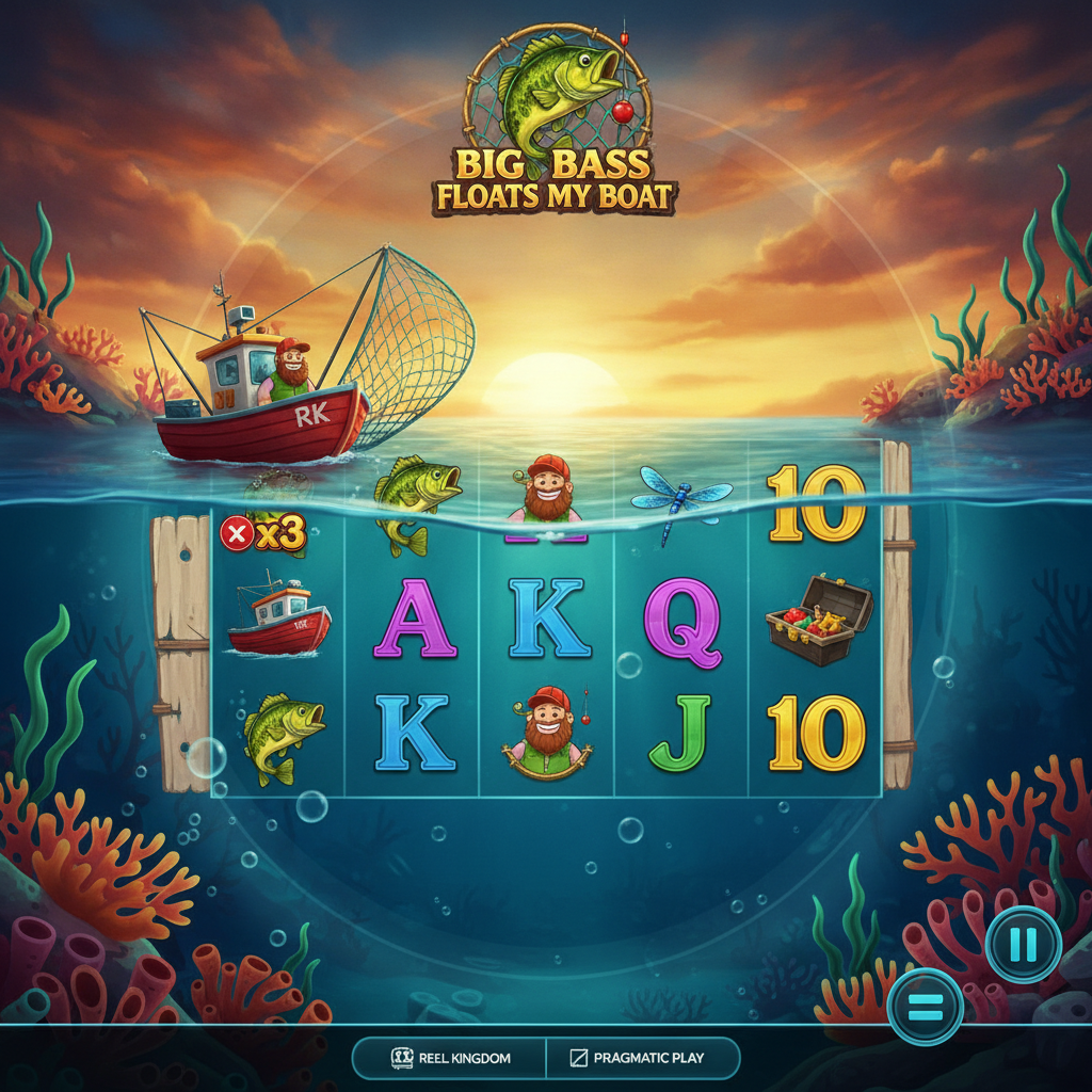 Big Bass Floats My Boat slot game showing 5x4 reels with cartoon bass fish scatter symbol, fisherman character, fishing boat, underwater scene with turquoise water and orange sunset sky background