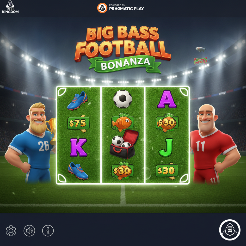 Big Bass Football Bonanza slot game showing football stadium with two muscular players in blue and red jerseys, money fish symbols, and football pitch reels with wild collectors