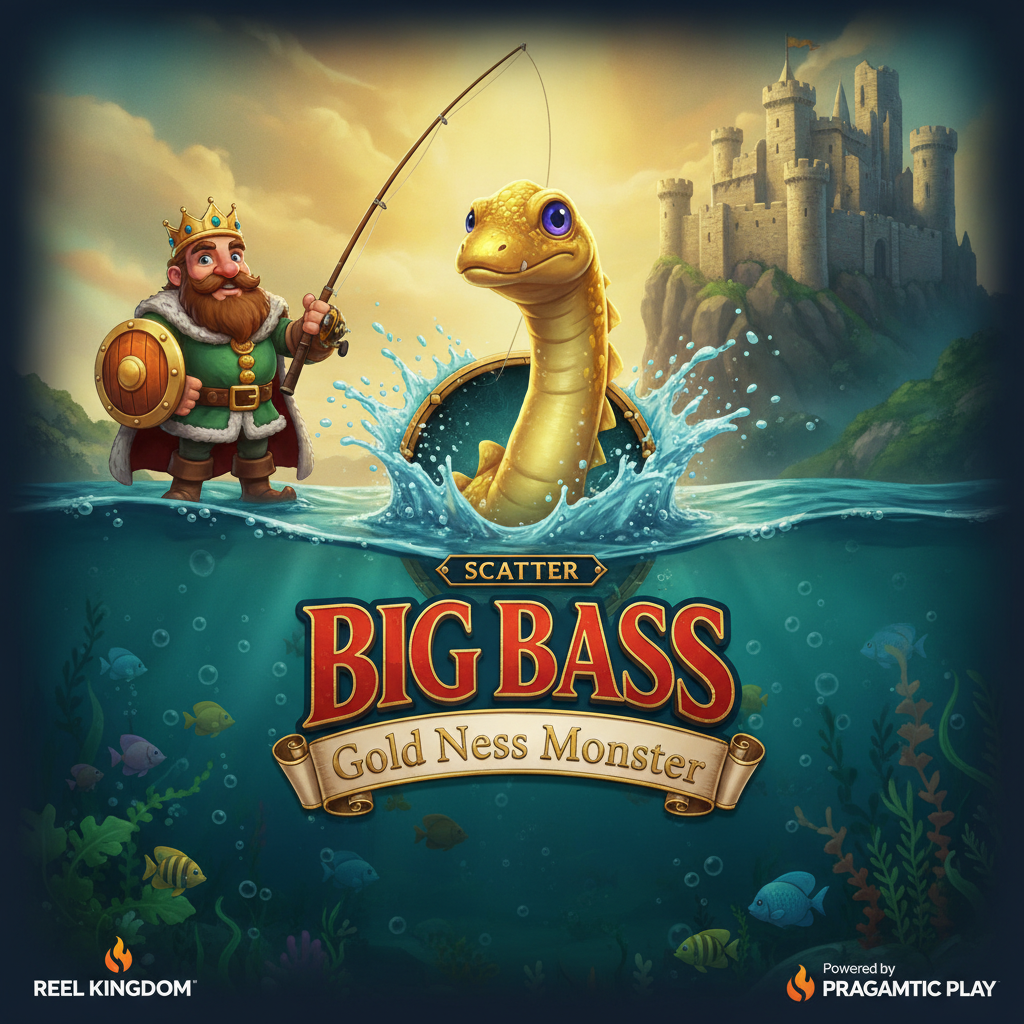 Big Bass and the Gold Ness Monster slot game showing cartoon fisherman king with crown and fishing rod facing the legendary golden Loch Ness Monster emerging from teal underwater depths with medieval Scottish castle in background