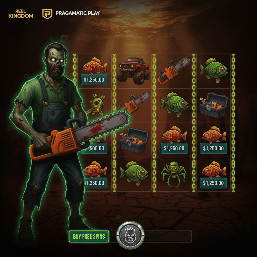 Big Bass Halloween 2 slot game featuring zombie fisherman with chainsaw, glowing green bubbles, monster truck and money fish symbols in dark underwater horror theme