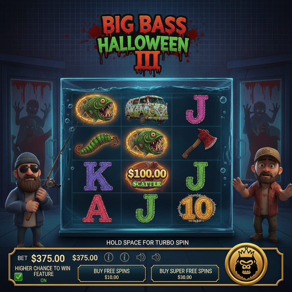 Big Bass Halloween III slot game showing two fishermen survivors in zombie apocalypse setting with bloody handprints on glass and fishing tank reels with undead fish and horror-themed symbols