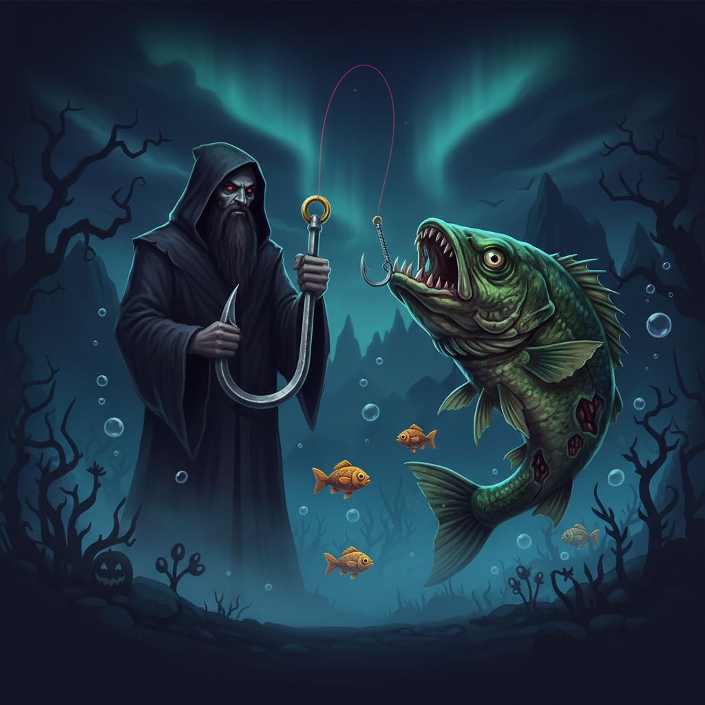 Big Bass Halloween slot game featuring zombie bass fish with exposed green rotting flesh, sinister grim reaper fisherman holding fishing hook, dark underwater Halloween scene with spooky atmosphere, horror-themed fishing slot by Pragmatic Play