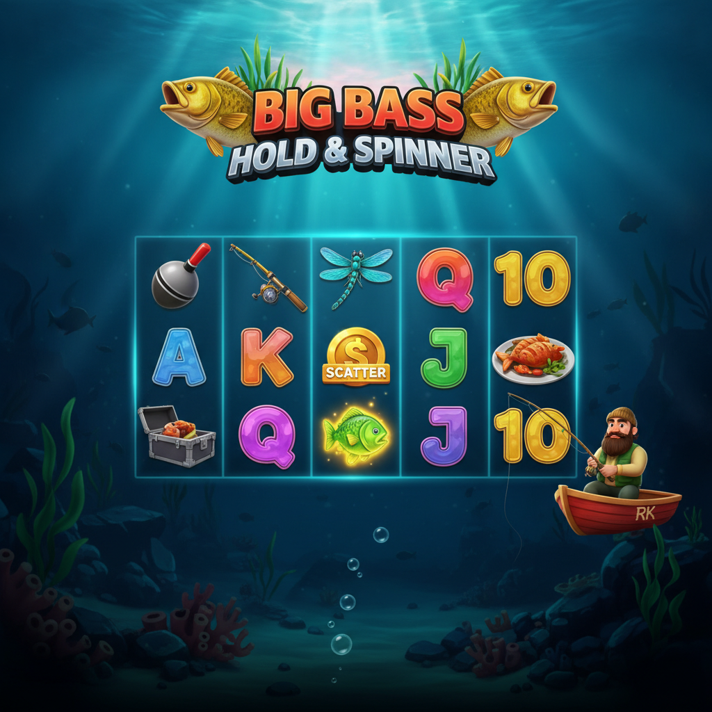 Big Bass Hold & Spinner machine à sous : scène sous-marine avec poisson bar doré, symboles d'argent, pêcheur avec matériel, moulinet de pêche et flotteur, jeu de pêche avec bonus Hold and Spinner