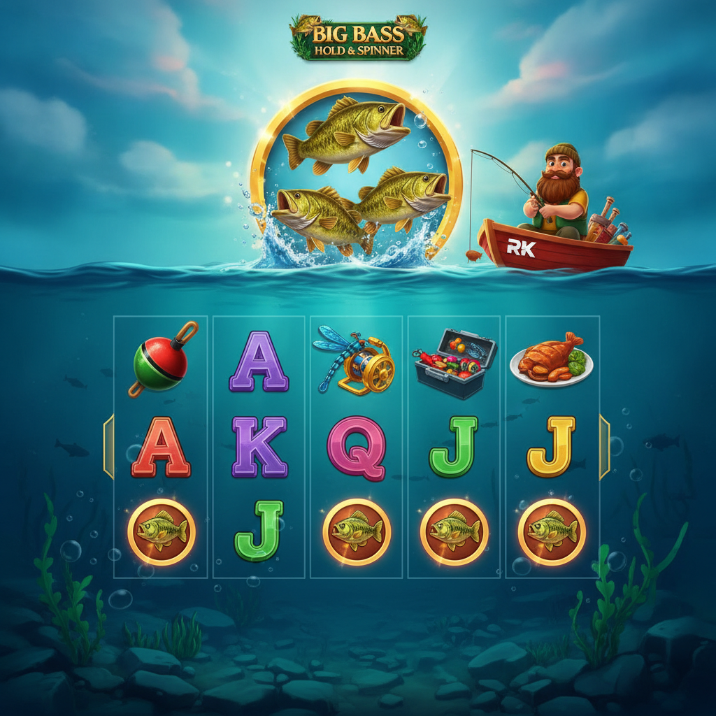 Big Bass Hold & Spinner slot game featuring golden bass fish leaping from water, fisherman character in red boat, underwater scene with money coin symbols and fishing equipment, 5x3 reel grid with colorful symbols