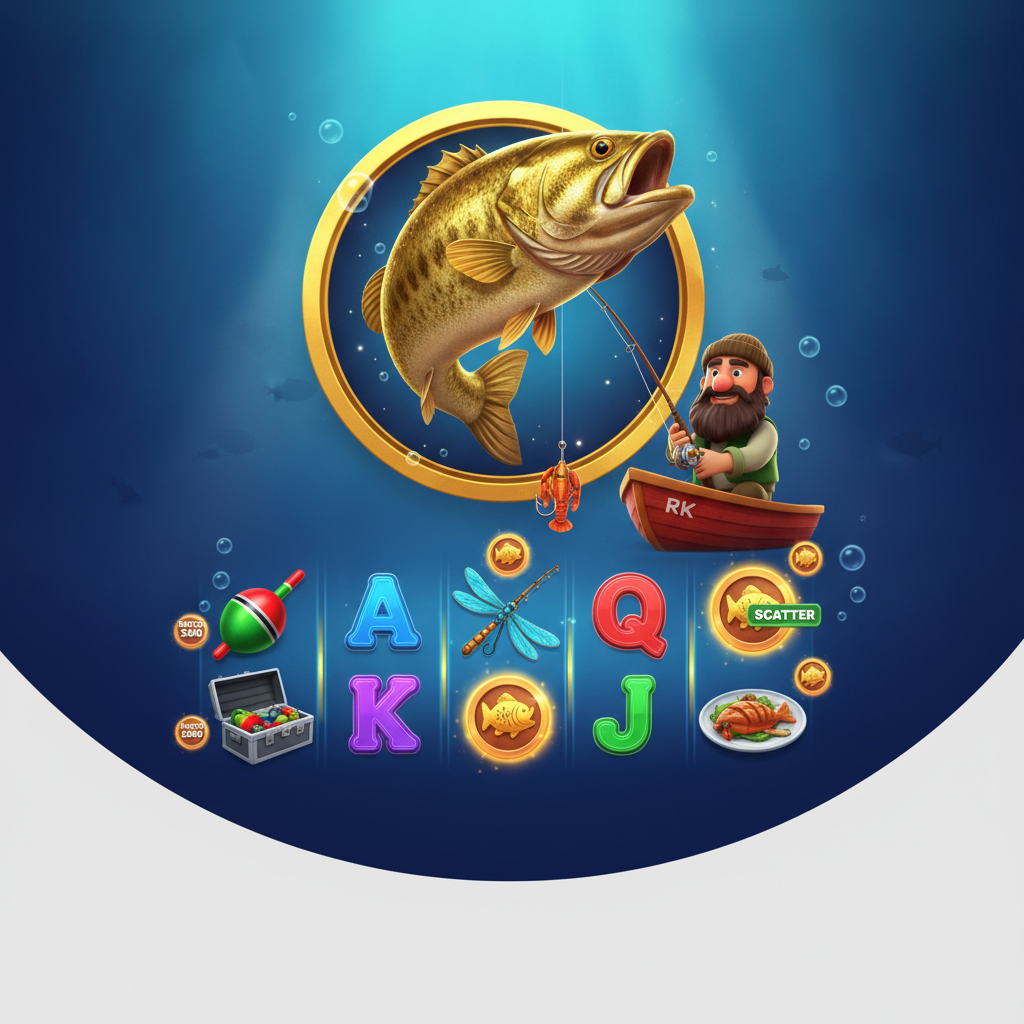 Big Bass Hold & Spinner slot game featuring a golden bass fish leaping from water, bearded fisherman in red boat with fishing gear, money coin symbols with values, and underwater reel grid with fishing bobber, tackle box, and dragonfly symbols