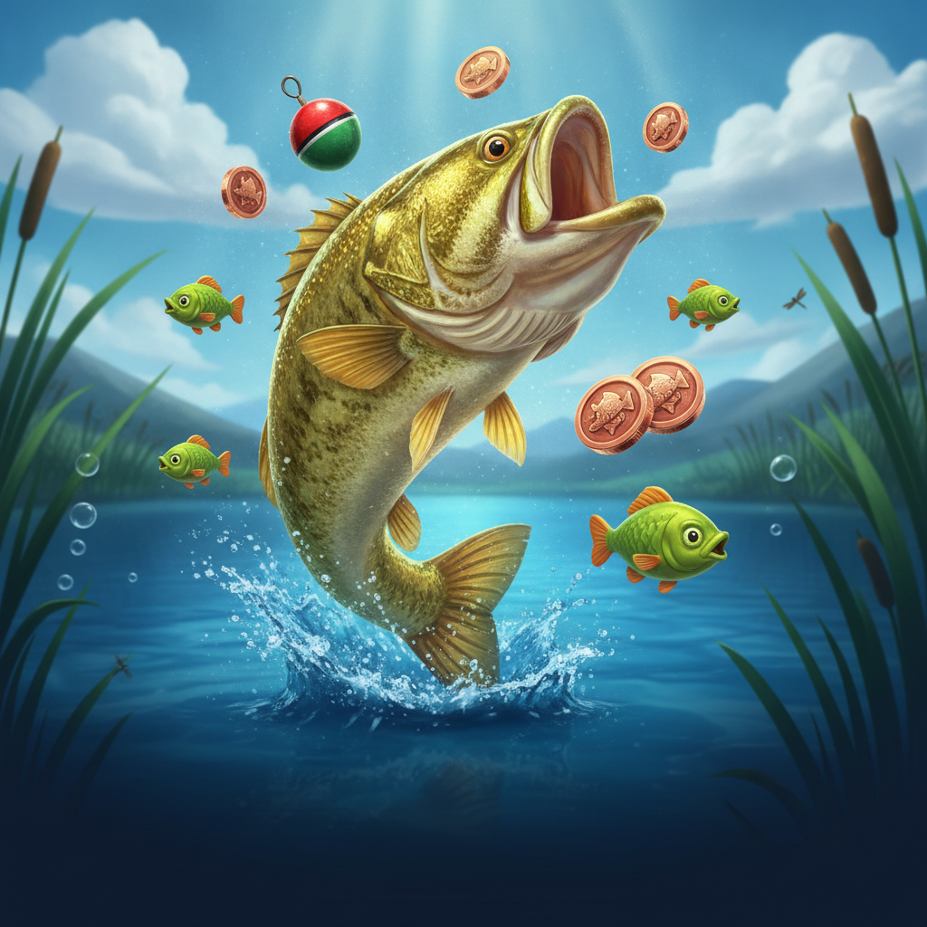 Big Bass Hold & Spinner slot - pesce basso dorato che salta dall'acqua con simboli galleggiante da pesca rosso-verde e monete money symbols, sfondo lago con canne e ninfee