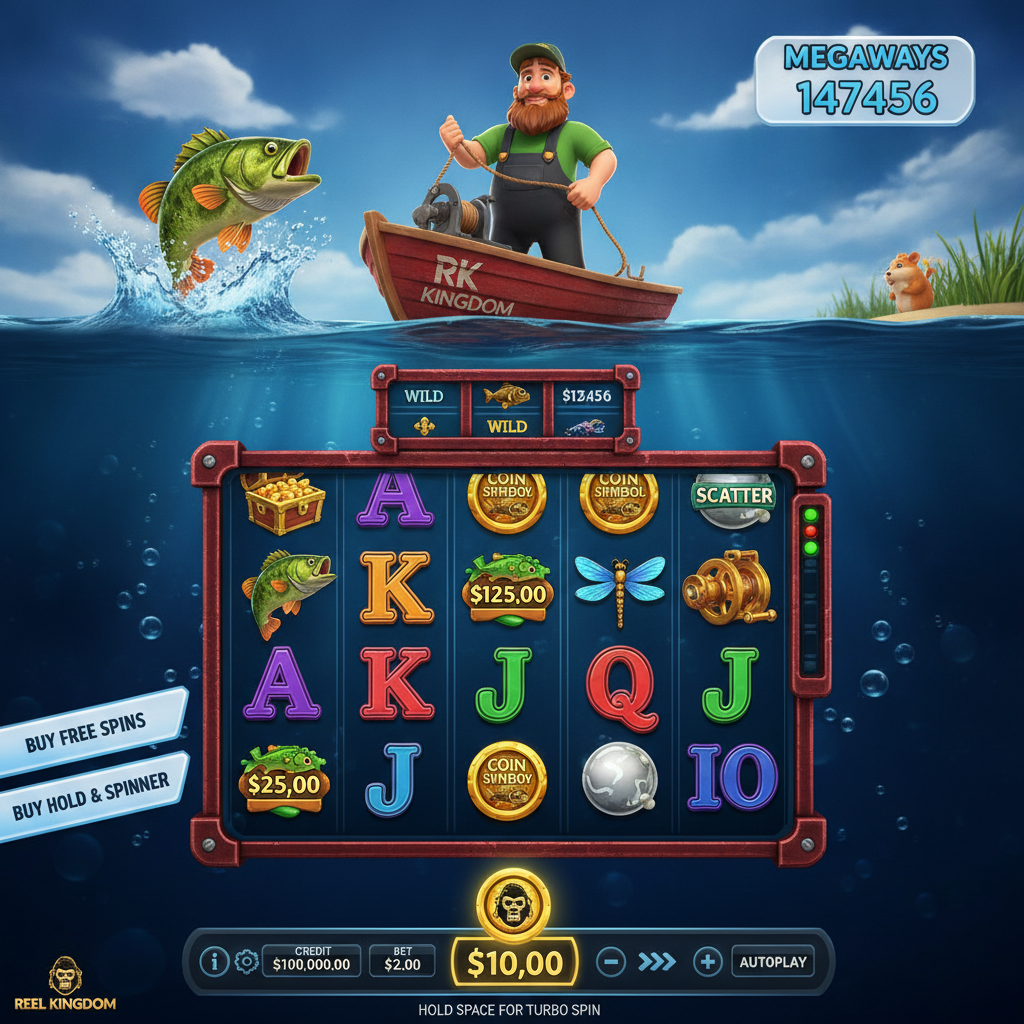 Big Bass Hold & Spinner Megaways slot game showing cartoon fisherman in red boat with RK marking, underwater scene with megaways reel grid, golden bass fish symbols, and fishing theme graphics