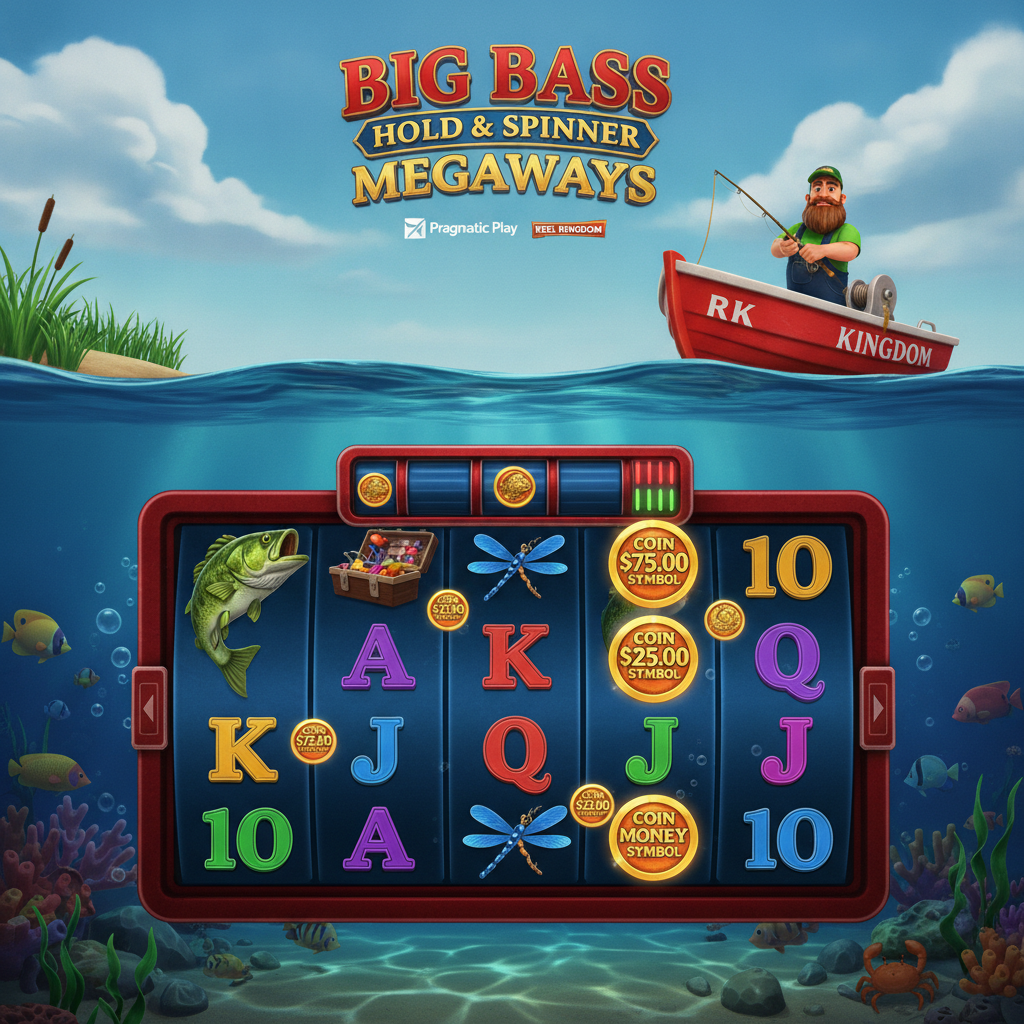 Big Bass Hold & Spinner Megaways - Pescador no barco vermelho RK com grade de rolos Megaways submersa, peixes nadando, tema de pesca e aventura aquática com símbolos de moedas e scatter dourados