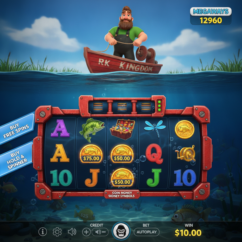 Big Bass Hold & Spinner Megaways slot game showing bearded fisherman in red RK boat, underwater scene with deep blue water, golden bass fish, coin money symbols, 6-reel Megaways grid with red metallic frame, and Hold & Spin bonus features