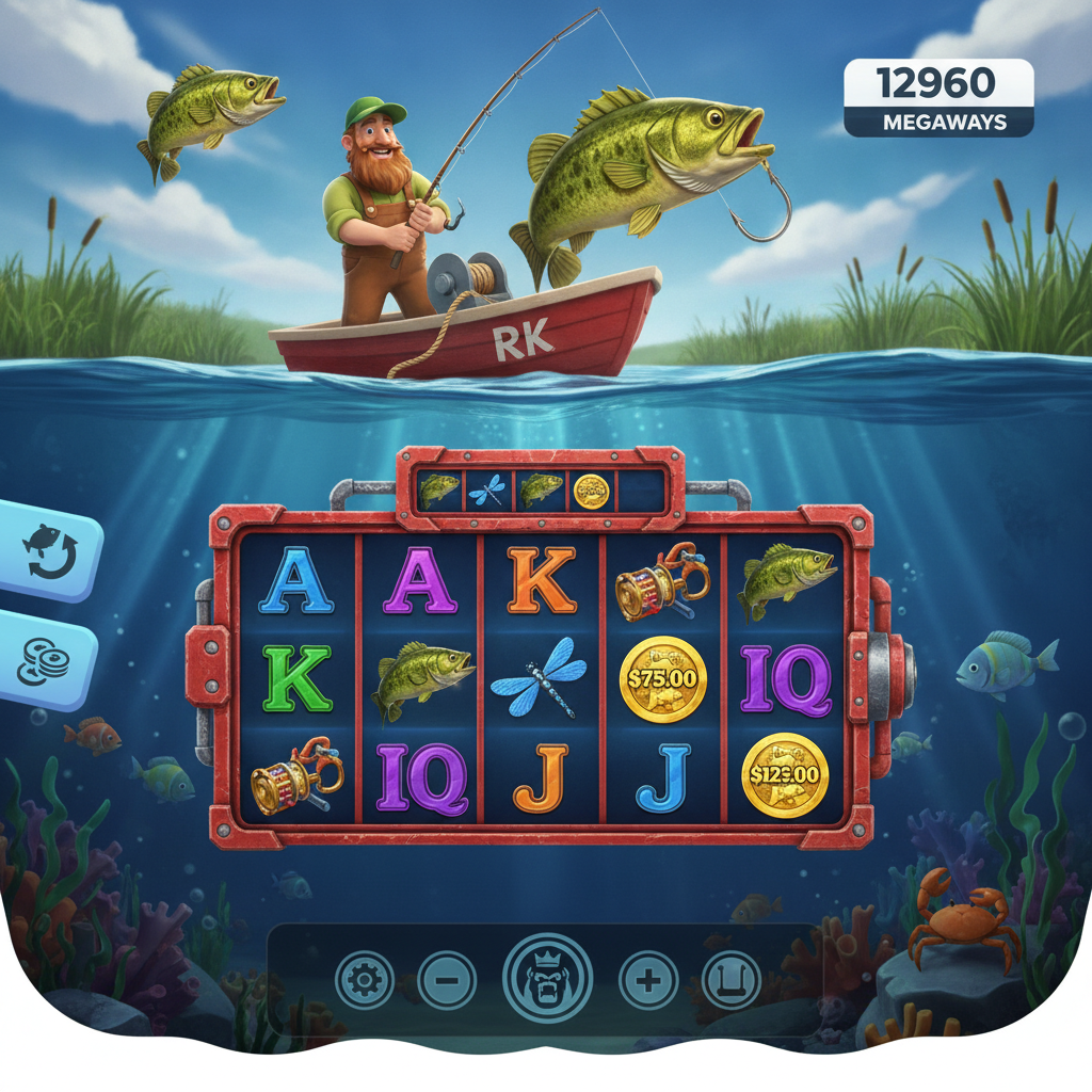 Big Bass Hold & Spinner Megaways slot game showing the fisherman character in his red RK boat, underwater scene with deep blue water, fish symbols, golden bass fish, fishing rod, and the Megaways reel grid with red metallic frame