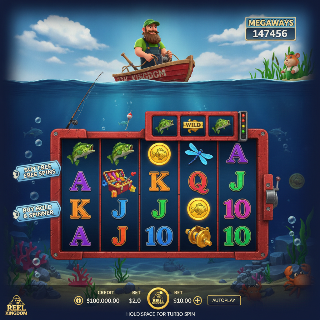 Big Bass Hold & Spinner Megaways slot game met visser in rode boot met RK logo, onderwater scène met blauwe achtergrond, zonnestralen door water, Big Bass vis symbolen, gouden munten en scatter symbolen zichtbaar op de Megaways speelrollen