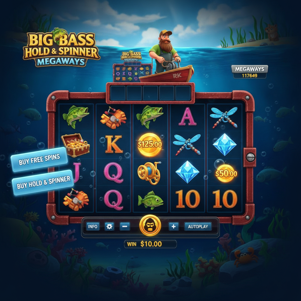 Big Bass Hold & Spinner Megaways slot machine con pescatore, pesce dorato, griglia Megaways e ambientazione sottomarina con elementi di pesca