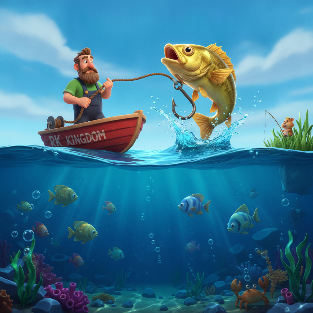 Big Bass Hold & Spinner Megaways Slot: Angler-Charakter mit Bart und grünem Shirt im roten Boot, goldener Bass-Fisch springt aus dem Wasser, Unterwasser-Szene mit Blasen und Wasserpflanzen