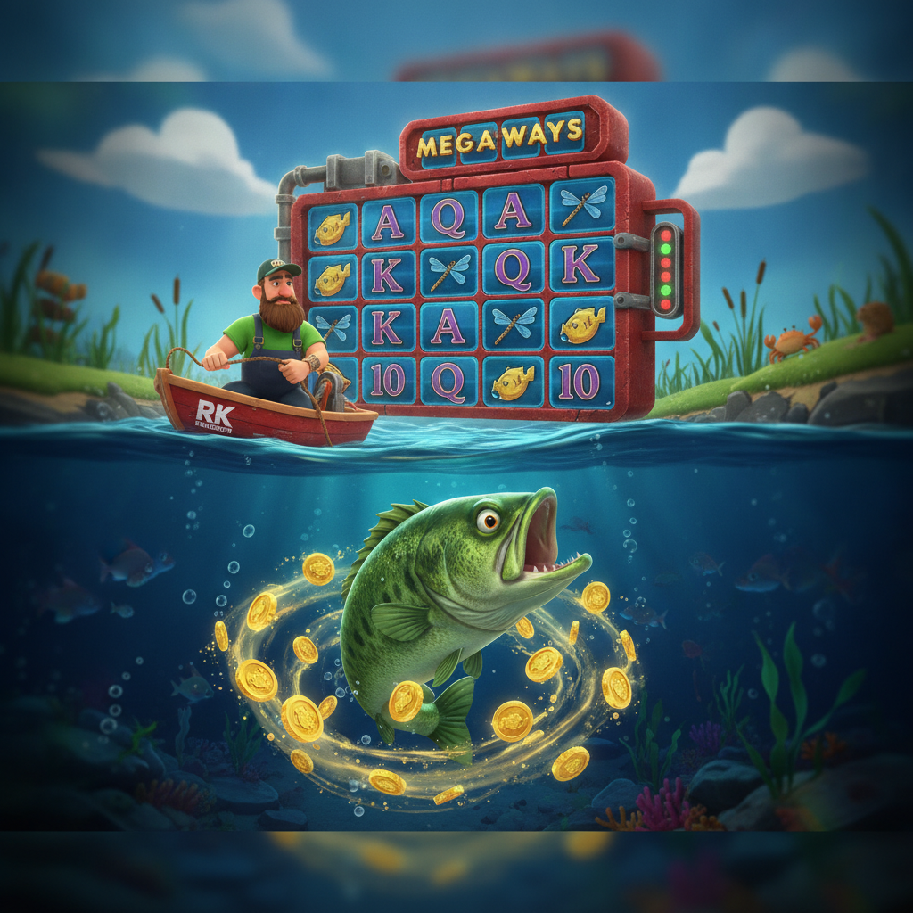 Big Bass Hold & Spinner Megaways peli - kalastaja veneessä veden alla, iso bassi-kala, kultaiset kolikot, ja Megaways-kiekkokehys punaisen metallisen kehyksen sisällä