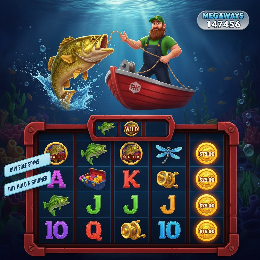 Big Bass Hold & Spinner Megaways slot - skäggig fiskare med röd båt, gyllene bassfisk, Megaways-hjul med undervattensscen, myntbonussymboler och fisketemamotiv