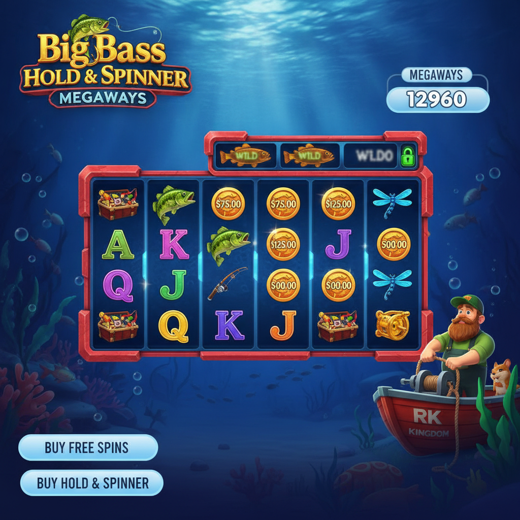 Big Bass Hold & Spinner Megaways Spielautomat mit Angler-Charakter vor rotem Boot, Unterwasser-Szene mit 6 Megaways-Walzen, goldenen Bass-Fischen, Scatter-Symbolen und Münzgeld-Symbolen für Hold & Spin Bonus