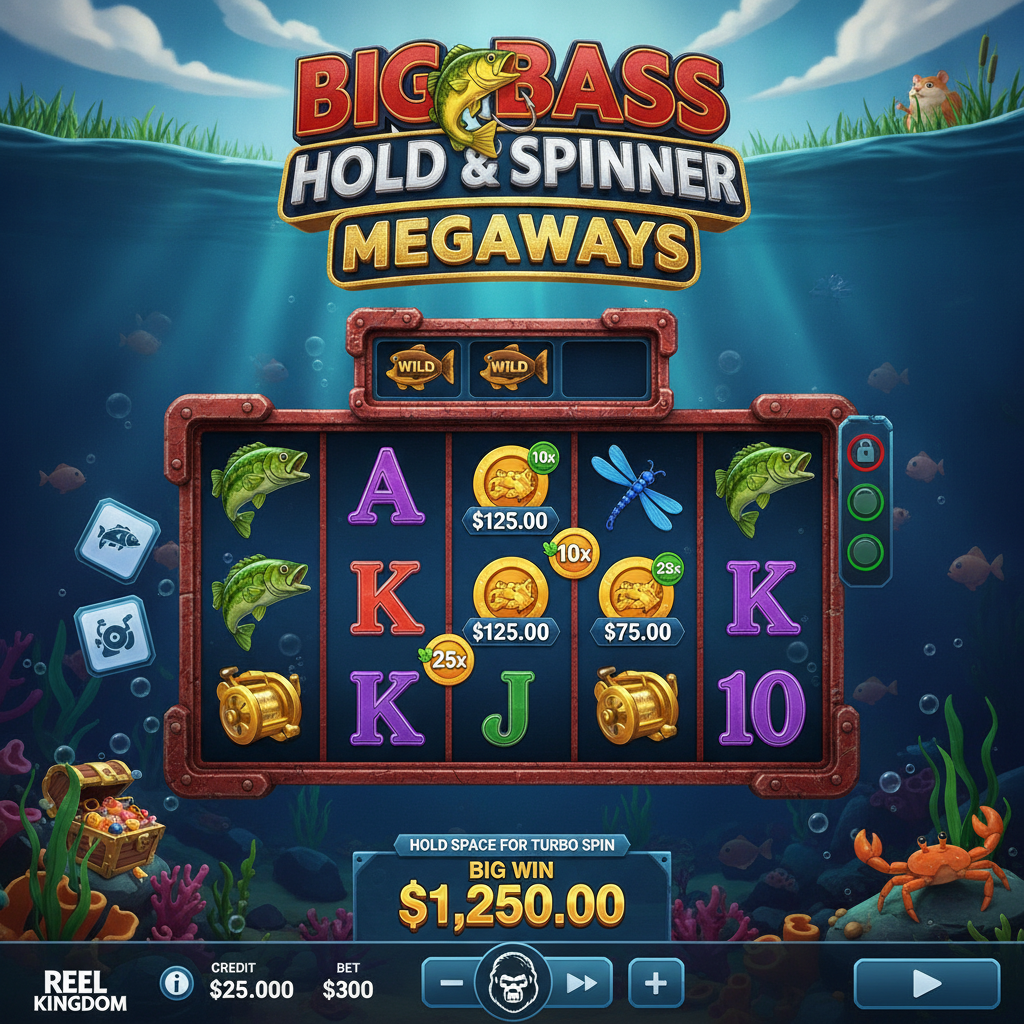 Big Bass Hold & Spinner Megaways - podwodna scena z wędkarzem w czerwonej łodzi, złotym bassem, mechanizmem Megaways i symbolami monet z rybami na tle głębokiego oceanu