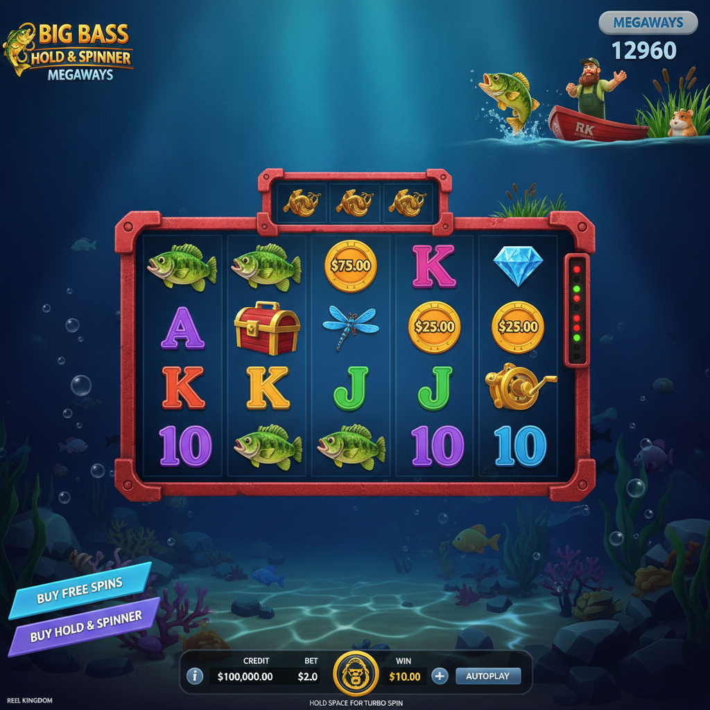 Big Bass Hold & Spinner Megaways slot machine - pescador con barco rojo en escena submarina, carrete Megaways con marco rojo, pez dorado saltando, tema de pesca con burbujas y vegetación acuática