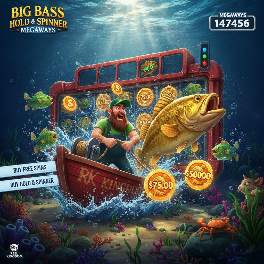 Big Bass Hold & Spinner Megaways - Υποβρύχια περιπέτεια ψαρέματος με ψαρά σε κόκκινη βάρκα, χρυσό λαβράκι, κέρματα με ψάρια και Megaways μηχανισμό με 147,456 τρόπους νίκης
