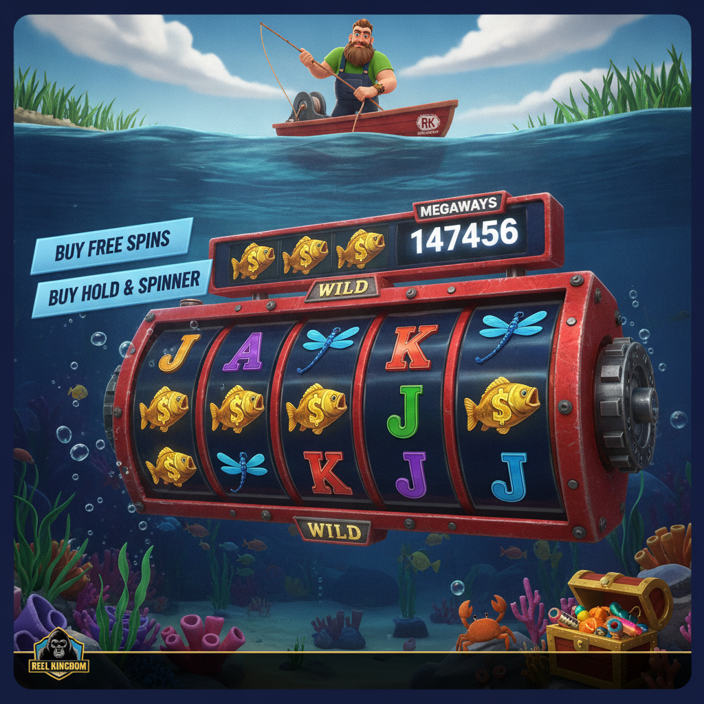 Big Bass Hold & Spinner Megaways machine à sous avec pêcheur en bateau rouge, grille de rouleaux Megaways immergée sous l'eau avec symboles de poissons dorés, cannes à pêche et pièces d'argent
