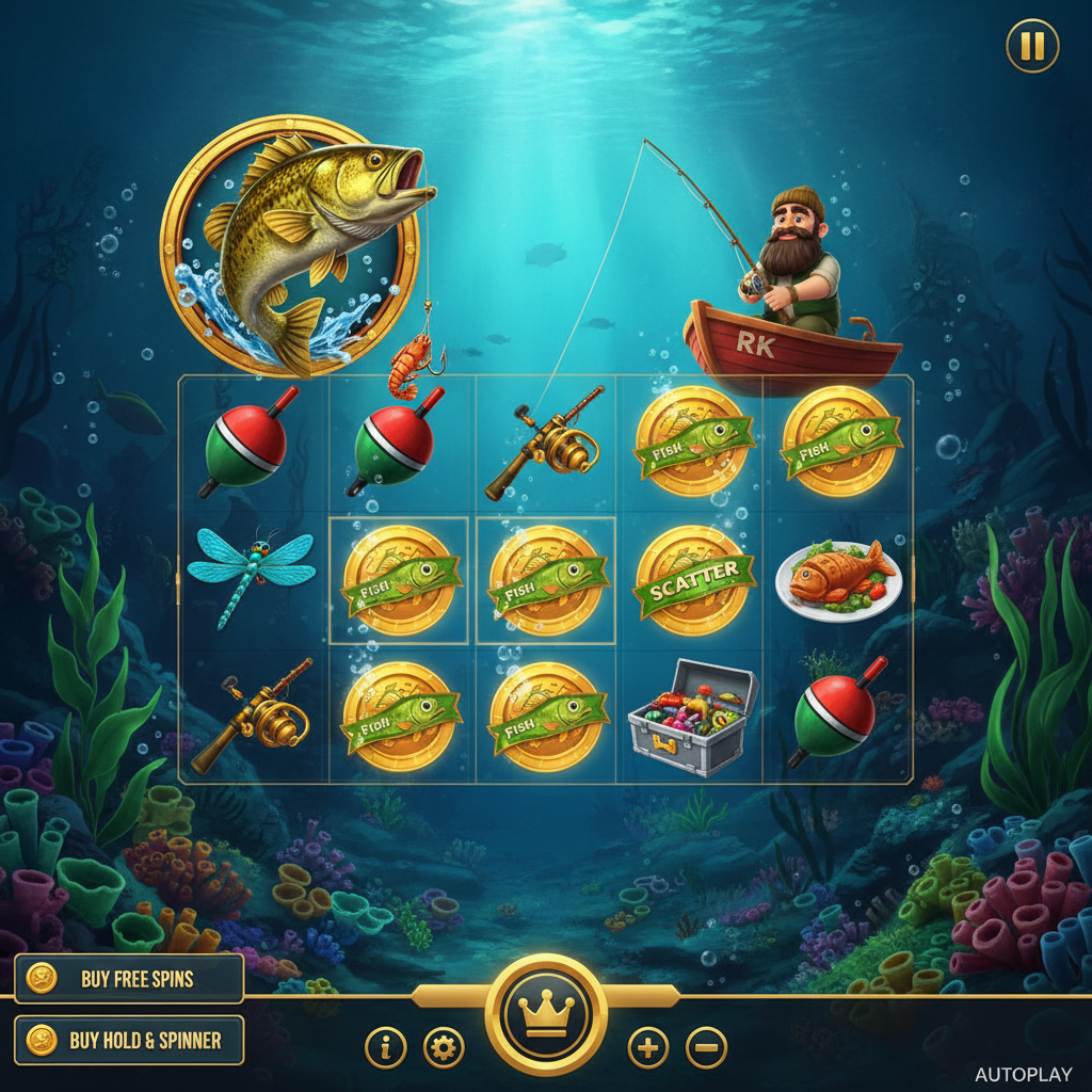 Big Bass Hold & Spinner Slot - Unterwasser-Szene mit goldenem Barsch, Angler im Boot, Geldmünzen und Hold & Spinner Bonus-Feature von Pragmatic Play