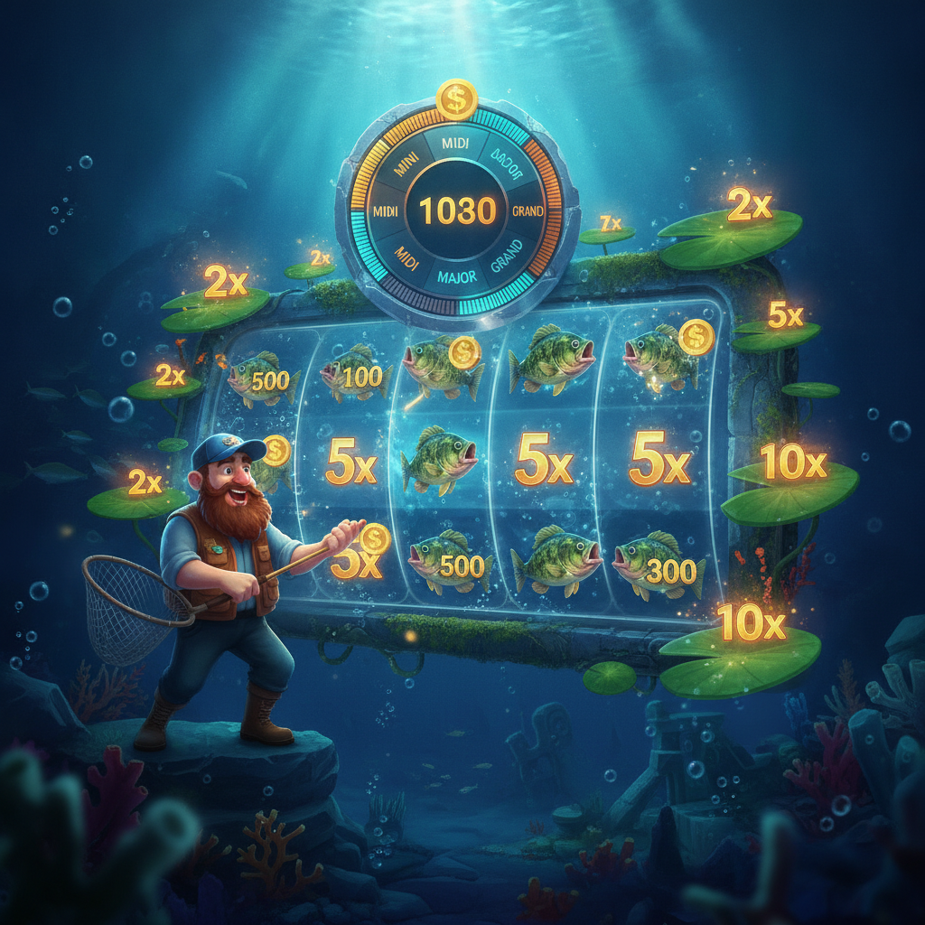 Big Bass Master Classic Jackpot Bonanza slot game showing 5x3 underwater reels with Fish Money symbols on lily pads, Collector fisherman character, colorful bass fish, dragonfly and tackle box symbols, progressive jackpot display, and turquoise water background