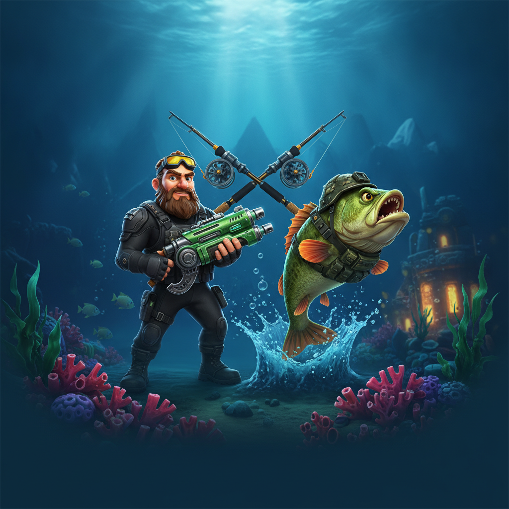 Big Bass Mission Fishin' slot game featuring tactical fisherman character in black wetsuit with yellow goggles holding high-tech fishing device, green bass fish with military gear, deep underwater ocean scene with coral and amber lights
