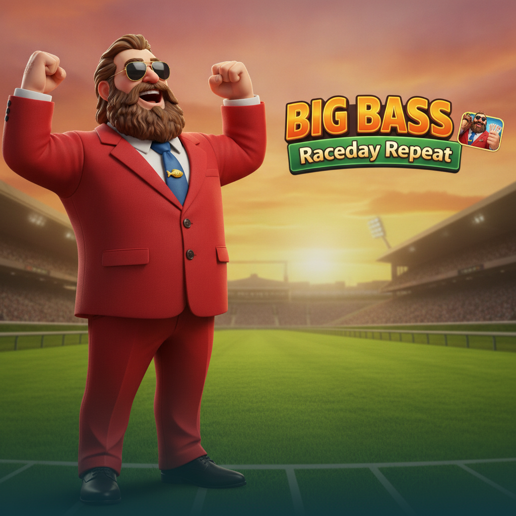 Big Bass Raceday Repeat slot game featuring the Big Bass Man character in red suit with horse racing track at sunset, showing jockeys, race day theme with scatter and wild symbols
