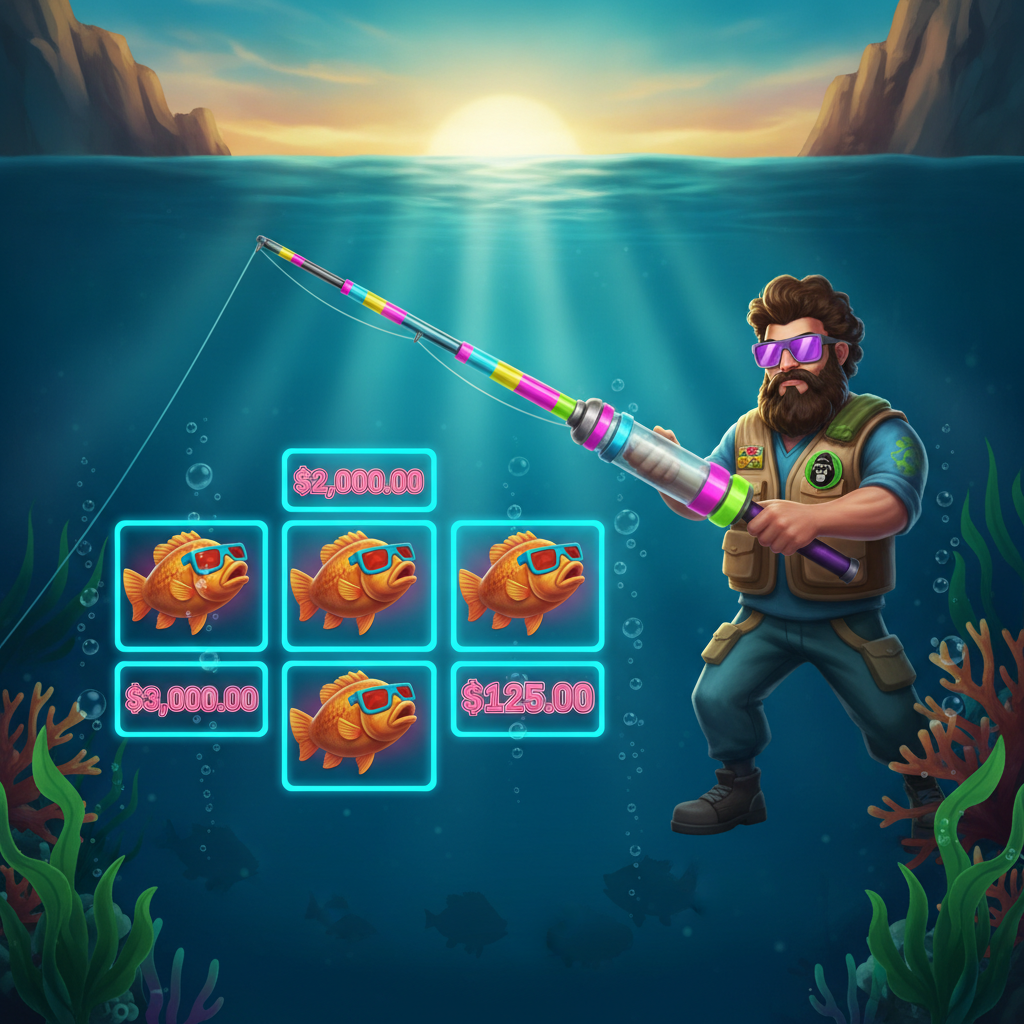 Big Bass Reel Repeat slot game featuring bearded fisherman with purple sunglasses holding futuristic fishing rod against underwater turquoise background with orange bass fish and money symbols showing dollar values