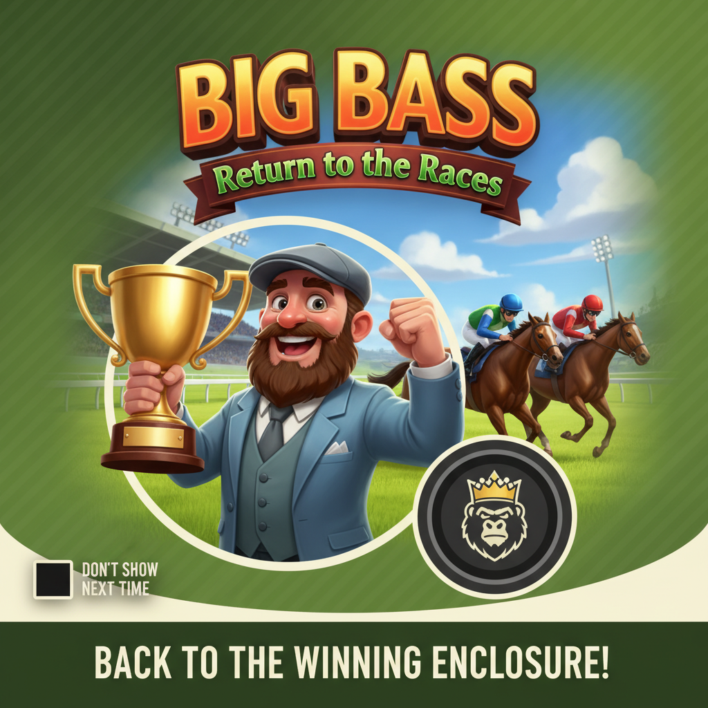 Big Bass Return to the Races slot game featuring bearded man celebrating with golden trophy, horse racing track with jockeys on horses, British racing theme
