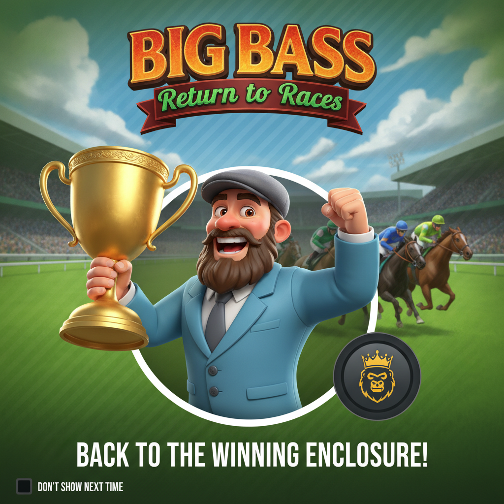 Big Bass Return to the Races Slot – Bärtiger Sieger mit goldener Trophäe vor Pferderennen und Rennbahn, Jockeys im Hintergrund