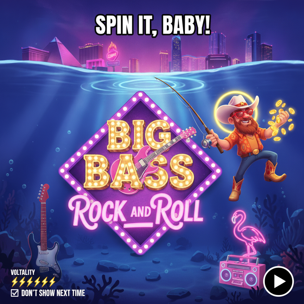 Big Bass Rock and Roll slot game featuring underwater Vegas setting with neon-lit fisherman rocker, pink Cadillac, flamingo, and golden money fish symbols against purple water with Las Vegas skyline reflection