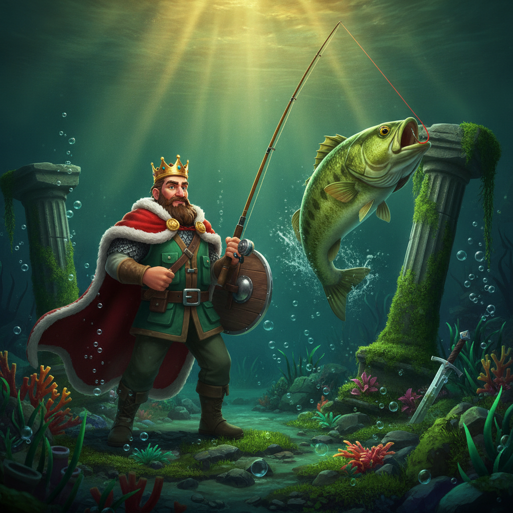 Big Bass Secrets of the Golden Lake slot game featuring the Fisherman King character with golden crown and red cape holding fishing rod, surrounded by underwater ruins, green bass fish, and golden treasure elements