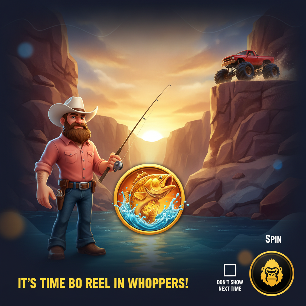 Big Bass Splash 1000 slot game showing fisherman with cowboy hat and fishing rod in canyon setting, golden bass fish jumping from water, red monster truck on cliff, and underwater fishing adventure theme by Pragmatic Play