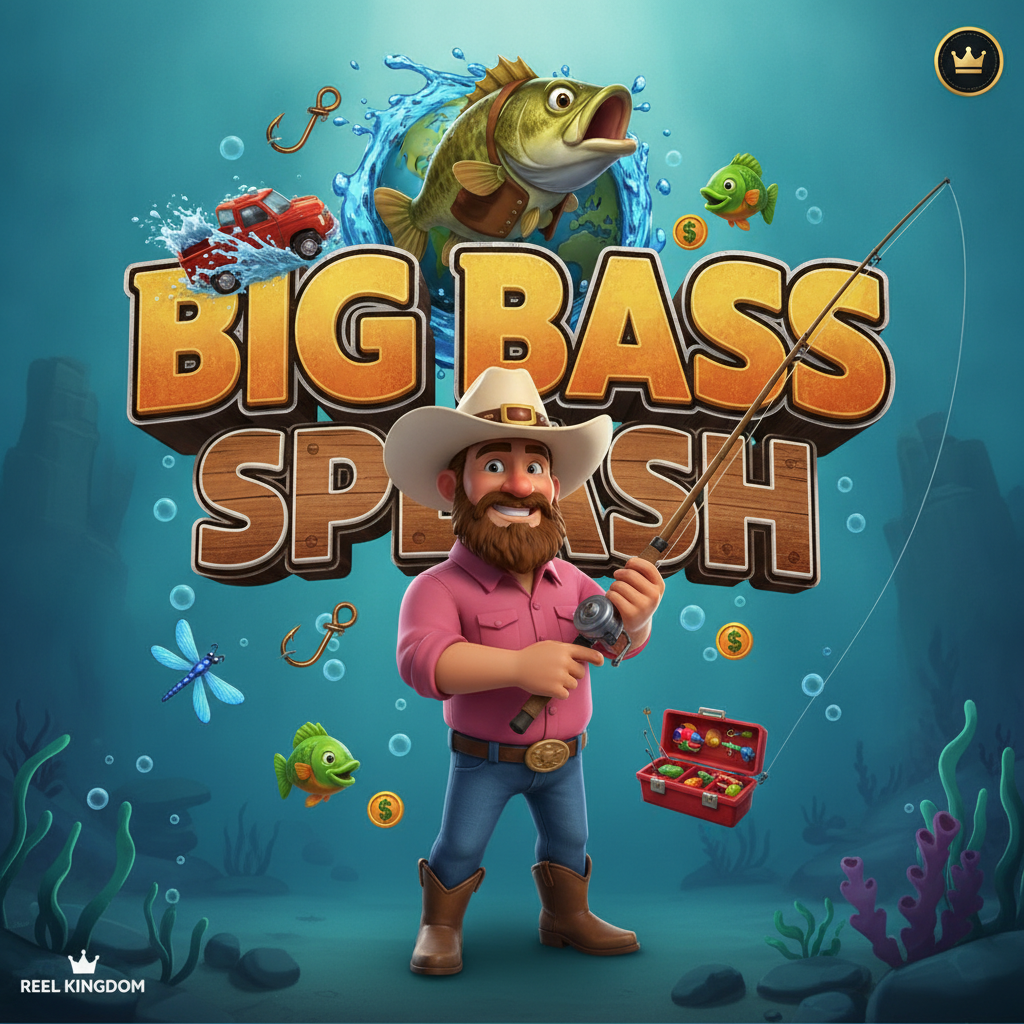 Big Bass Splash slot game featuring friendly fisherman character in pink shirt and cowboy hat holding fishing rod, with turquoise underwater background, bass fish scatter symbols, and colorful money symbols