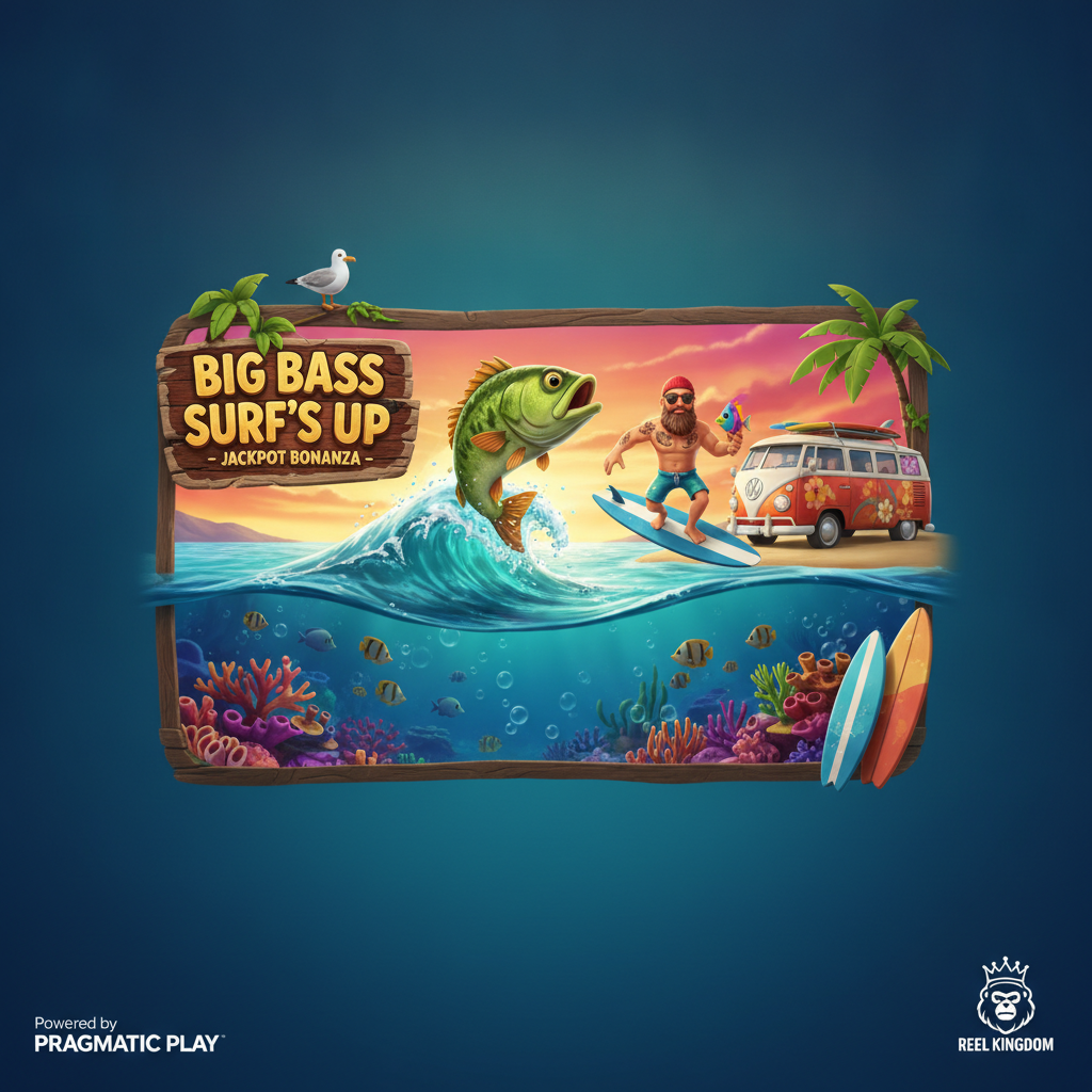 Big Bass Surf's Up slot game featuring underwater ocean scene with leaping bass fish, surfer character with red beanie and sunglasses, vintage surf van, sunset sky, and beach elements