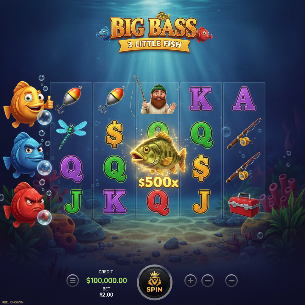 Big Bass 3 Little Fish slot game showing 5x3 reels with fisherman wild character, colorful money fish symbols worth up to 5000x, underwater lake scene with three animated fish collectors for free spins bonus, golden lure and tackle box premium symbols